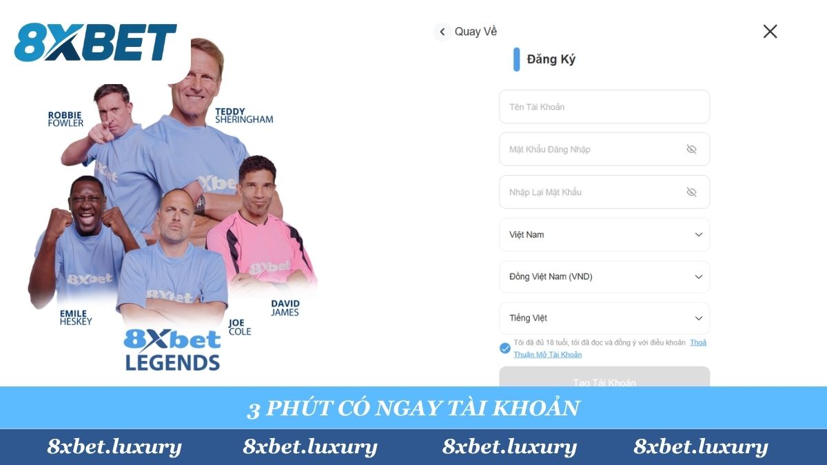 Giao diện đăng ký 8Xbet được thiết kế trực quan, bảo mật và chỉ mất 3 phút để hoàn tất